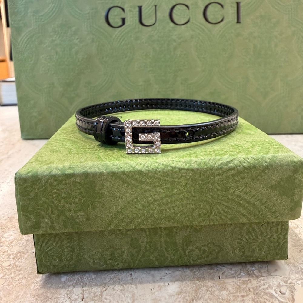 Gucci Black Patent Leather Bracelet Crystal Embellished Square G Buckle